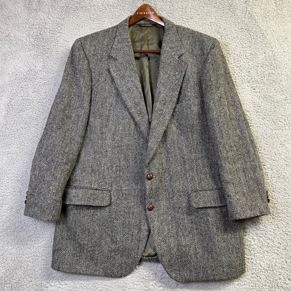 VTG PBM Harris Tweed Blazer Sport Coat Men 48 Reg Grey Herringbone Wool USA Made